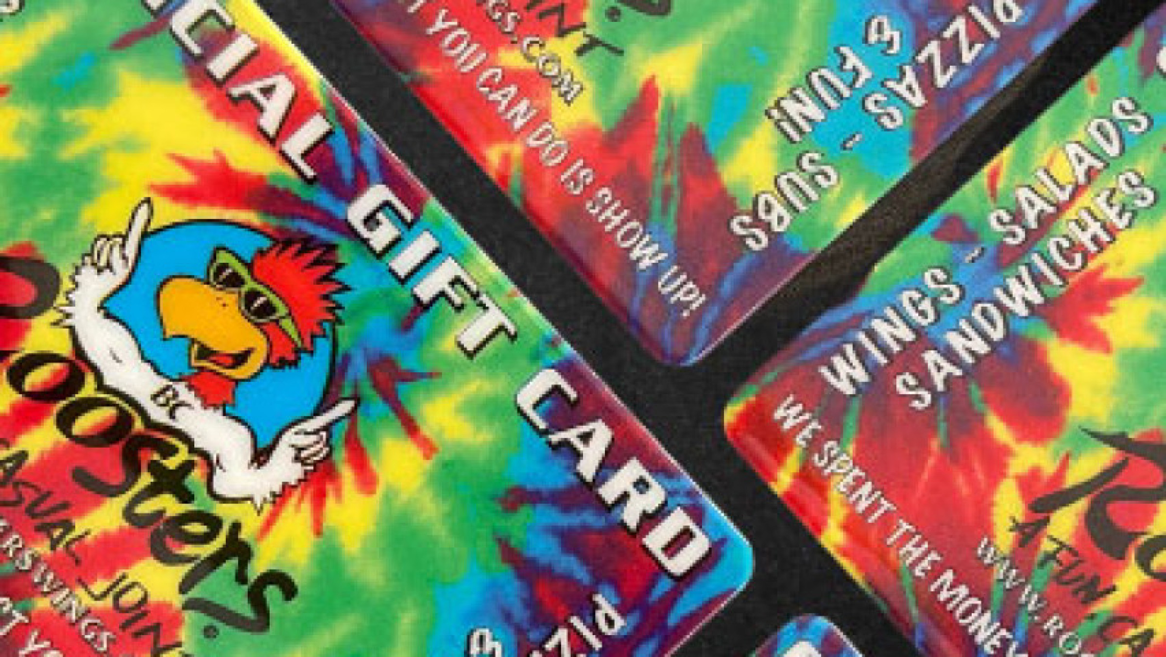 set of roosters gift cards with a tie dye background